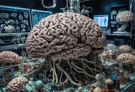 An (extremely detailed:1.0), vast, weird, chaotic dream landscape of crazy (genetically engineered) brains in a research lab.  (hyper-realistic), (overwhelmingly captivating), real intricately elaborate and (insanely strange:1.0) brain alteration with (incredibly absurd:1.0) brain anatomy. Random (Occult Chaos:1.0) brain nonsense. Hyper-detailed Photography
