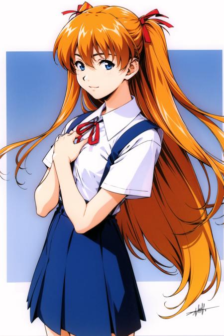 1girl, souryuu asuka langley, solo, long hair, school uniform, blue eyes, smile, white background, ribbon, shirt, simple background, own hands together, orange hair, short sleeves, skirt, red ribbon, neck ribbon, white shirt, bangs, hair between eyes, looking at viewer, tokyo-3 middle school uniform, signature, closed mouth, two side up, hair ornament, suspender skirt, interface headset, suspenders, traditional media, cowboy shot, interlocked fingers, blue skirt, <lora:Hidero Horibe:0.8>