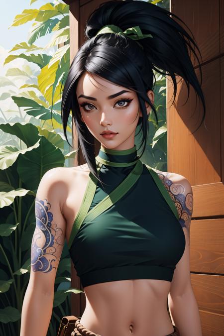 akali, 1girl, crop top, pants, hair ribbon, bare shoulders, ponytail, tattoo, black hair mouth mask