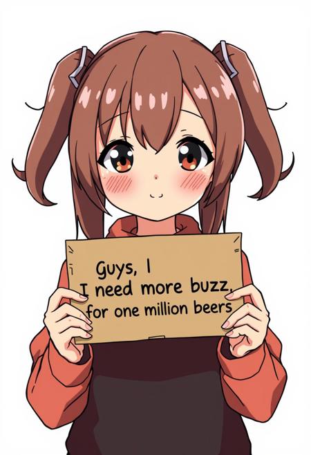 simple background, dumb anime girl with cute face, holding a cardboard with text "guys, I need more buzz for one million beers"