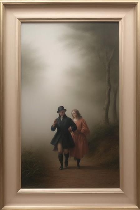 A dynamic painting in soft pastel colors depicting figures in motion through a thick fog, evocative of the Dutch Golden Age style.  The painting features soft brushwork, blurred lines, and action poses, creating a gentle and soothing atmosphere.