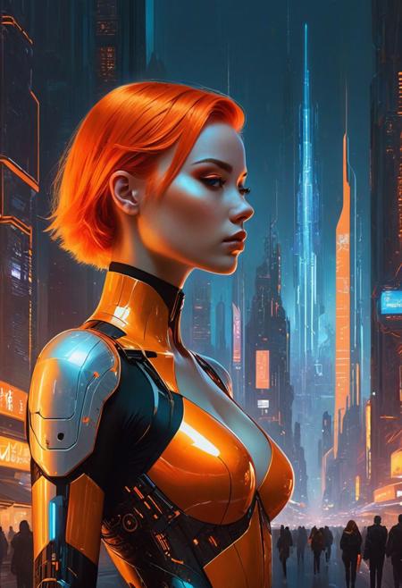In this captivating cyberpunk illustration, an enigmatic provocative 18 years old woman with vibrant orange hair and advanced cybernetic enhancements stands confidently amidst a futuristic cityscape. Her sleek, form-fitting outfit is adorned with intricate designs and complementary orange accents, contrasting the towering glass buildings and dazzling neon lights of the night. The contrajoux lighting technique highlights her silhouette against the bright cityscape, while her form is illuminated by the mesmerizing urban lights. This captivating fusion of fantasy and technology seamlessly blends two worlds, creating a visually arresting and thought-provoking scene. The harmonious blend of elements from both realms establishes an edgy and sophisticated atmosphere, inviting deep contemplation and appreciation for the masterful combination of futuristic and fantastical elements.
