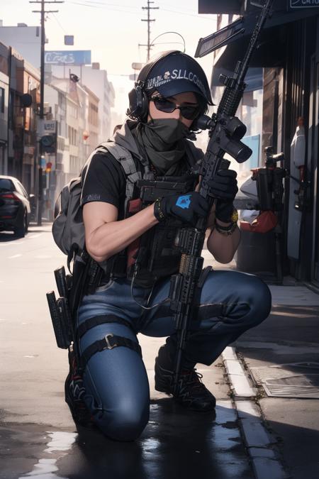 ruanyi0298,mouth mask,sunglasses,hat,holding weapon,m4 carbine,ar-15,arm tattoo,headset,police uniform,