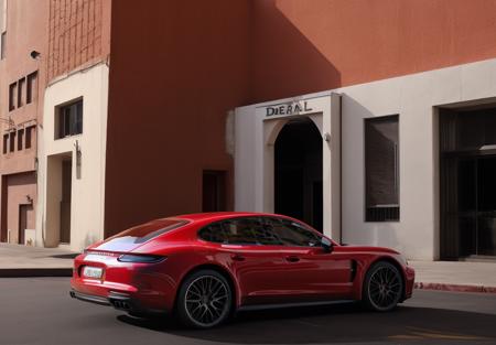 1porsche-panamer,bright red color,right front view,  in front of a building with a sign on it's side that says cafe del margheri<lora:lora-majic-2porsche-panamer2.1-000029:0.8>