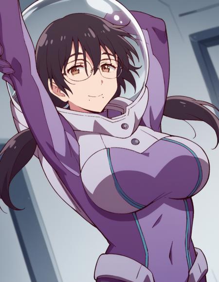 <lora:yunhua-lu-s1-ponyxl-lora-nochekaiser:1>, yunhua lu, black hair, brown eyes, twintails, low twintails, hair between eyes, glasses, mole, mole under mouth, large breasts, bodysuit, pilot suit, spacesuit, purple bodysuit,