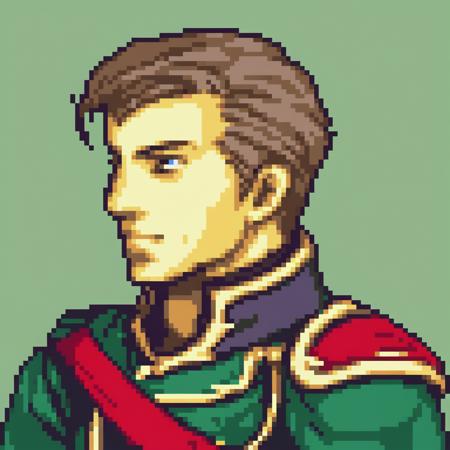 A color saturated portrait of a handsome young prince who is prepared for battle in a new civil war with a dark green background, <lora:GBA Style SDXL v3:1>