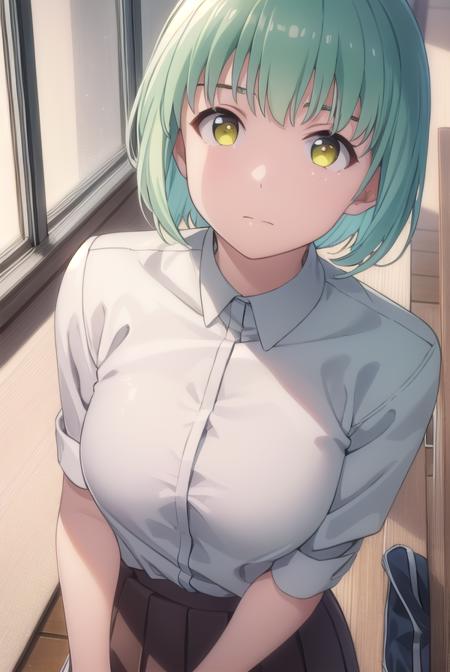 yukikusakabe, <lora:yuki kusakabe s1-lora-nochekaiser:1>,
yuki kusakabe, short hair, (yellow eyes:1.2), green hair,
BREAK skirt, shirt, school uniform, white shirt, pleated skirt, brown skirt,
BREAK indoors, classroom,
BREAK looking at viewer,
BREAK <lyco:GoodHands-beta2:1>, (masterpiece:1.2), best quality, high resolution, unity 8k wallpaper, (illustration:0.8), (beautiful detailed eyes:1.6), extremely detailed face, perfect lighting, extremely detailed CG, (perfect hands, perfect anatomy),