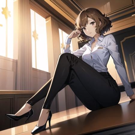 masterpiece, best quality, highres, extremely detailed CG unity 8k wallpaper,
illustration of dsharu, brown hair, short hair, dress shirt, pants, high heels, 1girl, solo, sitting, luxury hotel, detailed background, (persona 5:0.5)
<lora:dsharu_e1:0.75>