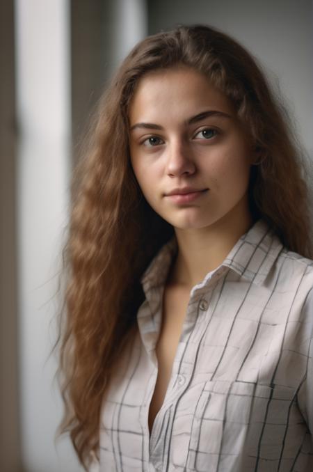 professional portrait photo of real 20 year old european woman wearing a shirt, realistic skin, high quality, film grain, sharp focus on body, natural hair, <lora:faces_v1low:0.6>