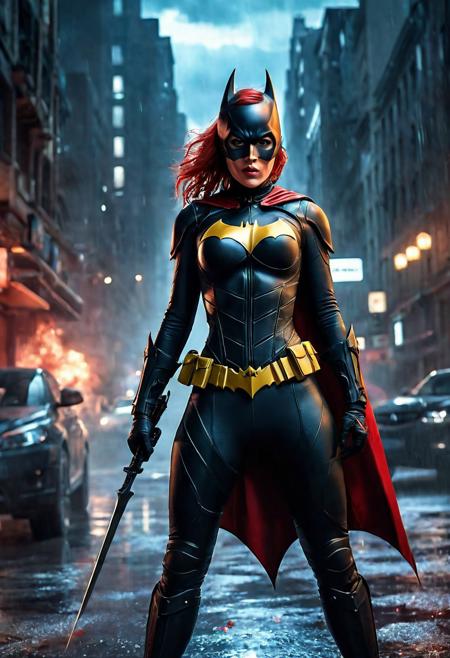 High resolution ultra-realistic of beautiful realistic Batgirl fighting against alien invasion, cinematic style, standing on a bloody and stormy battlefield in a fighting pose, bloody massacre, realistic modern combat costume, black mask, red cape, perfect athletic figure, wavy red hair, handsome dirty bloody face, beautiful perfect detailed pupils, wet oily shiny skin, covered in dirt and blood, beautiful firm Breasts, defiant and seductive, sexy 20 year old girl, 8k resolution concept art portrait by Greg Rutkowski, Dark Gotham City, realistic blue eyes, full body, Artgerm, WLOP, Alphonse Mucha, dynamic lighting, hyperdetailed, intricately detailed, Splash art trending on Artstation triadic colors, Unreal Engine, 5 volumetric lighting, Cinematic Lighting, intricate, smooth, sharp focus digital painting, Asymmetrical Balance, painting, dynamic lighting