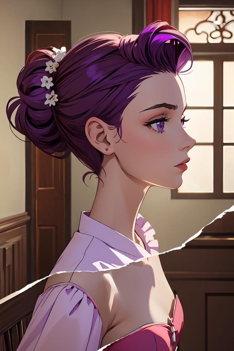 A purple haired woman with a white flower in her hair.