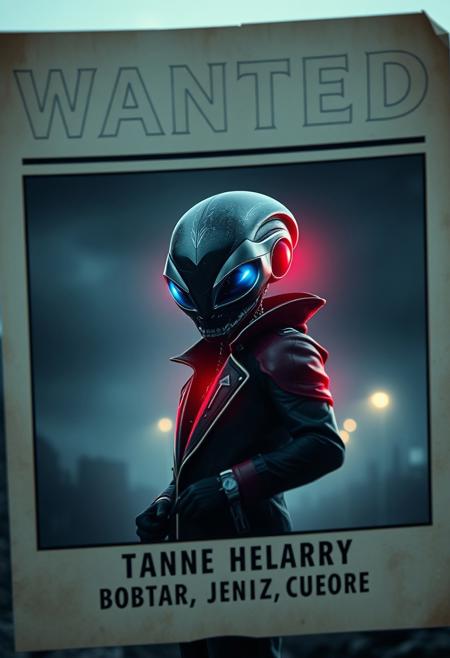 A futuristic, holographic wanted poster showcases a slick alien mercenary,  gothic atmosphere, supernatural elements, mysterious landscapes, moody atmosphere, dramatic lighting), polaroid, Tilt-Shift, long exposure, ((mysterious, haunting), cinematic composition, ((foggy, cold)), dramatic angle)