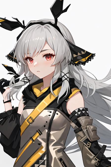 best quality, masterpiece, highres, solo, {weedy_arknights:1.15}, long_hair, bangs, red_eyes, grey_hair, upper_body, white_hair, very_long_hair, hair_ornament