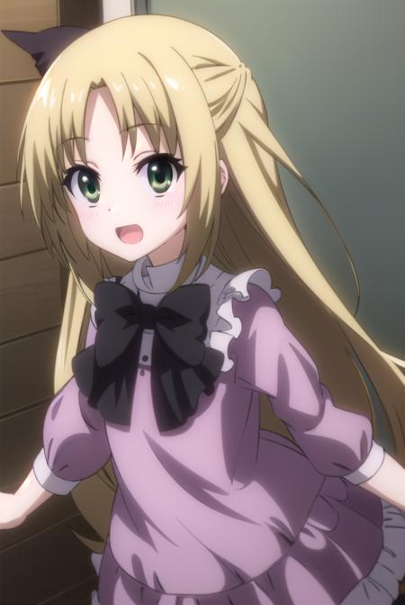 chizuruakaba, <lora:elise toudou s2-lora-nochekaiser:1>,
elise toudou, long hair, blonde hair, (parted bangs:1.5), (green eyes:1.3), smile, open mouth,
BREAK bow, hair bow, bowtie, dress, frills, puffy sleeves, purple dress, skirt,
BREAK indoors, classroom,
BREAK looking at viewer, (cowboy shot:1.5),
BREAK <lyco:GoodHands-beta2:1>, (masterpiece:1.2), best quality, high resolution, unity 8k wallpaper, (illustration:0.8), (beautiful detailed eyes:1.6), extremely detailed face, perfect lighting, extremely detailed CG, (perfect hands, perfect anatomy),