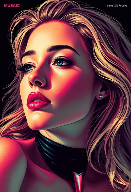 high quality design aesthetics, disco, synth pop, detailed, pop album cover, beautiful young white woman, artist name "MUSAIC", album title "Same Old Routine"