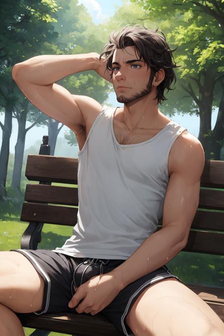 best quality, masterpiece, intricate details, anime screencap, 1 man, stubble, sideburns, toned, slim face, manly, a 30yo scruffy middle eastern man sitting in a bench, outdoors, sunny, park, slender, slim, trees, detailed face, scruffy hair, eyebags, white tank top, saggy shorts,  sweaty, wet, pubes, bulge, erotic stare, closeup, casual pose, from below, detailed hands, detailed background