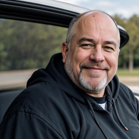 unprofessional photo taken in with a disposable camera of a handsome, sexy, hot, gorgeous, hairy, muscle, mature, beautiful blue eyed bearded, fat, chubby man wearing a black hoodie and a beard, sitting in a car and smiling for the camera. He is positioned in the middle of the scene, with the car visible behind him. The man appears to be the main subject of the picture, capturing a friendly and relaxed atmosphere. The car is parked, and the man seems to be enjoying his time in the vehicle, sunny summer day, half of his face is on the shade
