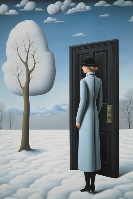 <lora:Rene Magritte Style:1>Rene Magritte Style - an oil painting in the style of Magritte of an elegant woman standing in a snowy landscape with a black door