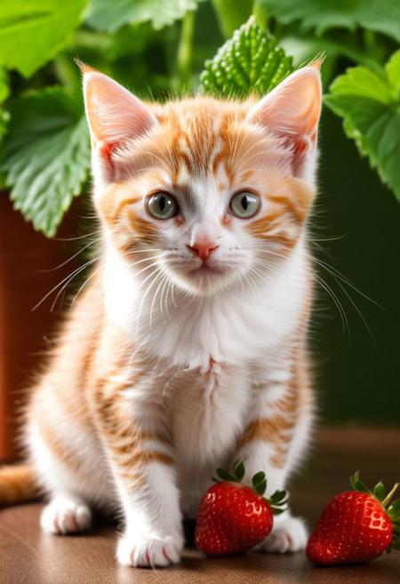 Create an image of a whimsical creature that resembles a small kitten with the texture and color of a ripe strawberry. The creature's body and face are covered in strawberry red, with characteristic seed-dotted skin. It has green leaf-like structures mimicking ears and a ruff around its neck, as if the top of a strawberry was placed on its head. This kitten-like entity has round, innocent eyes, a small pink nose, and delicate white whiskers. Its pose is seated, with one paw slightly raised as if it were about to take a gentle step, and its tail curls behind its body, appearing plump and strawberry-like as well. Surrounding the creature are actual strawberries of a similar shade of red and with green caps, scattered on a glossy wooden surface. In the soft-focused background, hints of indoor plants in shadows create an almost ethereal setting. The overall atmosphere is quaint and charming, evoking a sense of magical realism.