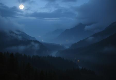 midnight, mist, mountains, rivers and forests, a wide vista, medieval, D&D, real photo, 4k, high contrast, vibrant colours, movie still