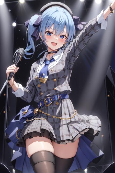 1girl, solo, best quality, masterpiece, 1girl, solo, gloves, blue eyes, star \(symbol\), hat, blue hair, hoshimachi suisei, skirt, jewelry, choker, thighhighs, plaid, belt, socks, blue socks, on back, grey headwear, black gloves, blue choker, microphone, midriff, crown, beret, side ponytail, smile, shirt, ribbon, partially fingerless gloves, looking at viewer, single thighhigh, shorts, star in eye, open mouth, plaid headwear, single sock, shorts under skirt, hair between eyes, thigh strap, bracelet, kneehighs, symbol in eye, star earrings, bangs, hair ribbon, single kneehigh, blue ribbon, asymmetrical legwear, plaid skirt, star choker, jacket, earrings,   blush, long sleeves, breasts, plaid jacket, collared shirt, thighs, grey skirt, lifted by self, black choker, sidelocks, grey jacket,  :d, black shorts, uneven legwear, mini crown, bow, frills, boots, blue nails, miniskirt, short necktie, necktie, blue belt, short shorts, small breasts, underwear, blue bow, belt buckle, cowboy shot, stage, concert, smile, dynamic pose,  <lora:hoshimachi_suisei_v1.0-000002:0.6>