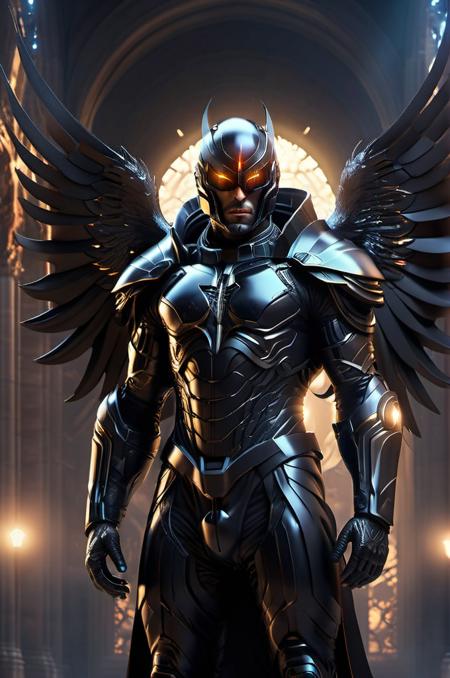 A man in a black scifi suit with an integral helmet , night time
, AngelicStyle <lora:SDXLAngelic:0.8> bright Christian cathedral, powerful, demonic, (cartoon monster:1.3),