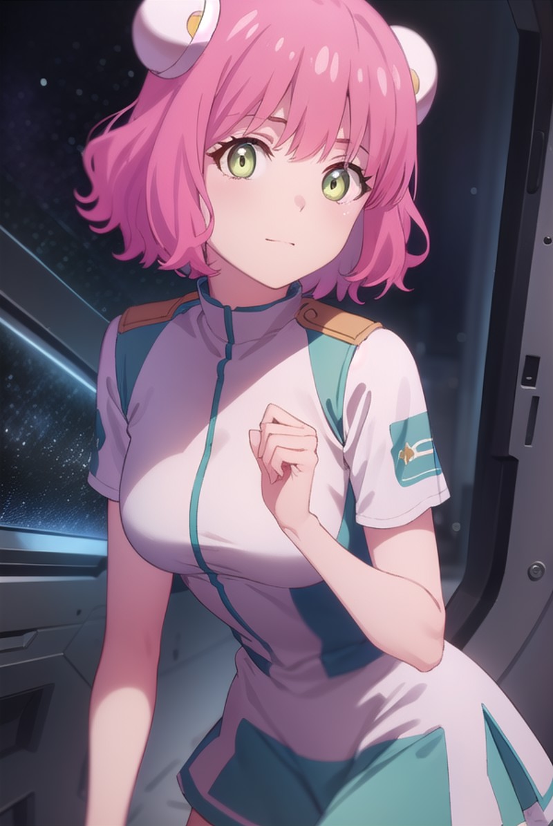 ariesspring, <lora:aries spring s1-lora-nochekaiser:1>,
aries spring, short hair, (green eyes:1.3), pink hair, hair bun, d...