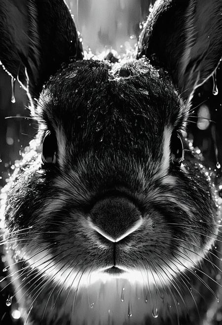 Frank Miller Sin City comic style. Extreme close-up: Bunny's head snaps upward, intense wide-eyed gaze locking onto viewer. Stark high-contrast absolute black and white, dramatic chiaroscuro casting harsh graphic shadows. Sharp focus isolates piercing dark eyes, glistening wet fur emphasized against deep shadow. Rain-slicked gritty urban twilight backdrop, softly blurred. Tense, surreal atmosphere; unexpected confrontational energy radiates from the sudden focused awareness. Wet black eyes reflect blurred city lights.