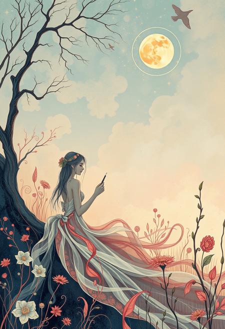 An artist painting outdoors, surrounded by light and color, yet their fragmented brushstrokes and shifting focus suggest a mind caught between order and transformation., surreal flowing line art, dreamlike fairytale composition, soft pastel Art Nouveau tones, elegant ornamental patterns, minimalist yet decorative, poetic symbolism, celestial and mythical themes, intricate yet airy