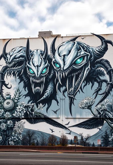 A massive city wall covered in a horror-inspired mural, featuring grotesque creatures in high-contrast black and white, their eyes glowing with bursts of neon graffiti elements., naturalist illustration, stylized landscape composition, high realism detail, simplified geometric forms, luminous cool tones, precise rendering of flora and fauna, minimalist background, spiritual atmosphere, botanical and entomological studies, bold horizon lines, soft gradients, scientific observation, still life with symbolic depth, serene color fields, elevated perspective, fusion of baroque realism and Canadian modernism, elevated nature study, quiet reverence