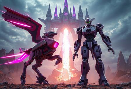 "Epic 3D render of two harmonized mechs poised for battle before the colossal Fandora, the Flying Fortress—a floating citadel of jagged obsidian spires, crackling violet energy cores, and levitating debris fields.
Left: Flying Pegasus Railroad Stampede – A sleek jet-form mechanoid in electrified magenta and royal purple, its wings swept back with ion thrusters blazing neon-pink plasma trails. Carbon-fiber hull adorned with holographic racing stripes and retractable missile pods.
Right: Super Defense Robot Lio – A towering humanoid guardian with matte-lavender armor, hydraulic limbs poised in a defensive stance, and a chest-mounted prismatic shield generator. Its visor glows with AI-targeting grids, while retractable tungsten claws extend from its fists.
The duo flank a central energy vortex, their mirrored poses creating dynamic symmetry. Fandora looms with storm-wracked skies, its foundations crumbling as gravitational anomalies distort the battlefield. Dramatic Dutch angle shot using Unreal Engine 5 ray tracing, Octane Render hyper-textures, and Raphael-style chiaroscuro lighting. Metallic surfaces reflect aurora-like energy waves, while splash ink effects blend with Houdini particle storms for a retro-futuristic clash. 8K resolution, ArtStation-trending composition, golden ratio framing, dominated by cyber-magenta and void purple with chromatic combat accents."