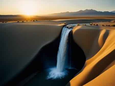 National Geographic photo, high desert, a waterfall in a hidden oasis, cinematic lens, accent lighting, global illumination, golden hour, film type <lora:waterfallsXL:0.9>