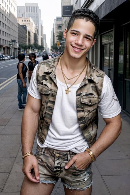 from above photo of jordan_torres <lora:jordan_torres_young-05:1> (smirk.0.5) standing outdoors in a busy city on a street corner wearing gold necklace camo jean vest and a fitted white shirt and shorts