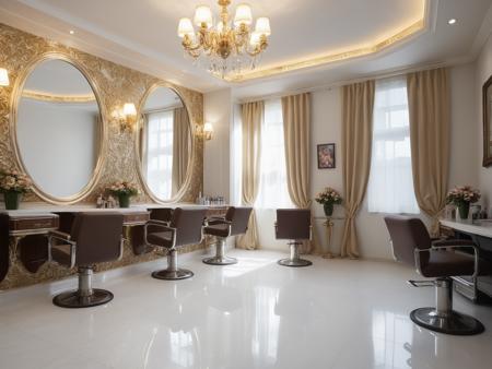 <lora:JJsHairSalon_XL:1>, ((Hair Salon)) , ((best quality)),((masterpiece)),((realistic)), indoors, mirror, reflection, chair, table, photorealistic, authentic, indoor scenery,  highly detailed, stainless, gold, ceiling light, white wall, cup,curtains, glass,,bouquet,tiles,lamp,tile floor,vase