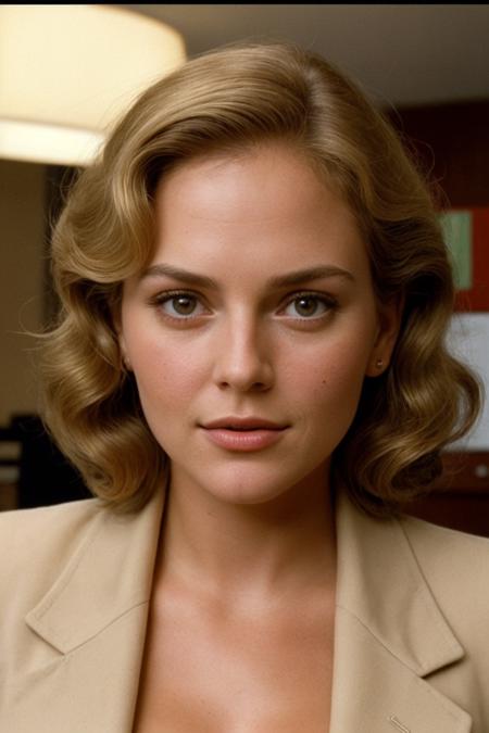 portrait|nostalgic and vintage|warm, golden lighting|close-up shot, highlighting facial details and cleavage|office setting with hints of retro decor|earthy tones with a slight desaturated look and subtle film grain|analog photography influence from the 1990s|26-year-old Maddison Black wearing a suit, with curly short blonde hair, pale skin, and a natural appearance|high quality, capturing intricate details of the subject's features <lora:Elixir:0.5>