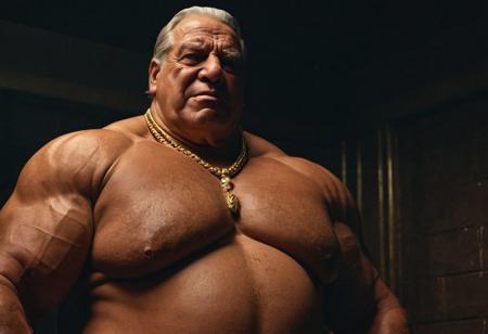 (photo, realistic, raw), (nighttime, at night, dark, dark hard shadows, cinematic atmosphere, movie grain, hazey atmosphere), closeup from below, (brute, etherial, spiritual, emperor, king, god), old burly buff gentleman, old manly mature man, combed back hair,  doublechin, old tanned grandpa, wrinkly neck, proud big chest, thick neck, armpits, tanned skin, tight golden spandex, gold jewellery, gold necklace, in a dark locker room at night, nighttime, arrogant disgusted disappointed smile, intimite situation, romantic atmosphere, stern, serious, angry, sad expression, belly and pecs from below, mouth open, milk dripping out of mouth,