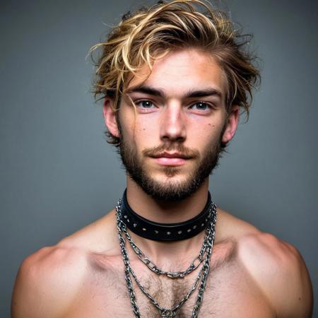 kyle ross, male focus, a handsome 19yo blonde twink, close up of face, face focus, dynamic posture, dramatic angle, camera angle from below, shirtless, beard, trimmed beard, scruffy beard, hands on hip, black dog collar, black neck collar, long chain necklace, kinky,
skinny muscled, slender muscled, skinny, slender features, narrow shoulders, detailed armband tattoo, cute face, boyish face, perfect biceps, bicep veins, bulging veins, defined veins, great pecs, thin waist, angular face, strong and powerful, sporty, predatory look, feathered hair, long hair, shoulder length hair, great detail, satisfaction, blue eyes, bubble butt, small ass, small butt, tight shorts, 
(Masterpiece, high quality:1.3), masterpiece, depth of field, bokeh, detailed, homoerotic, (homoerotic), highly detailed, sharp focus, intricate, smooth, elegant, fantasy, cinematic lighting, cinematic, masterpiece, matte, photorealistic, 4k, beautiful, volumetric lighting, dramatic, photo-realistic, life-like, high detail, lighting, 8Knematic lighting, 8K, contrast lighting, contrasting lighting, cinematic lighting,