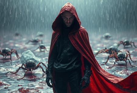 High-definition, lifelike image of a Dunames Dark Witch standing on a jelly-like rain, dressed in a red and black cape and hoodie. The witch, a cosmic entity, has intricate details and is captured in a cinematic shot with a focus on the golden ratio. The image also features mantises and swordfishes in the background, along with a hint of black mold. The concept is set in the metaverse with the man dressed in futuristic attire, inspired by the art of artgerm and greg rutkowski. The image showcases full-body details, with a focus on the concept of