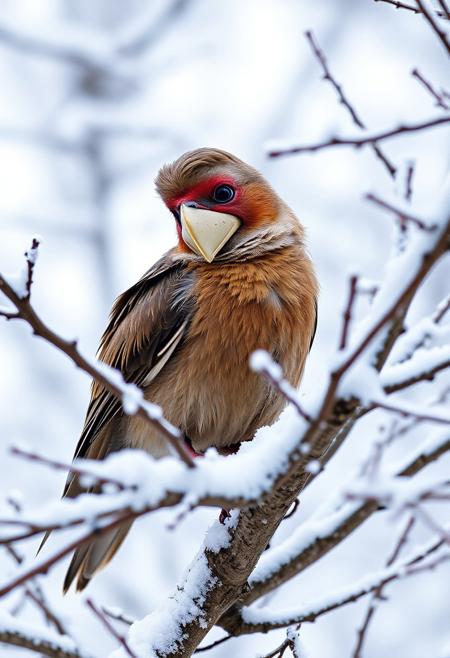 Robin the bird with tipical mask on the face in snowy tree, Batman like a mouse watch him