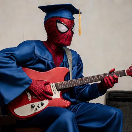 raw photo, tasm2spdrmn wearing graduation gown, playing on guitar <lora:tasm2spdrmn_v2:0.6>