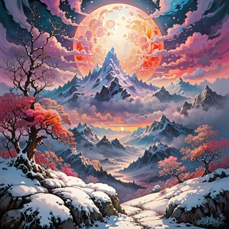 Zentangle extreme effect, landscape with Variegated splashes of color,
big full moon, Light transparent clouds, The mountains of the top are covered with snow, 
fantastical surrealism by Daniel Merriam, Joe Fenton,
ral-cnvctncrnts  <lora:ral-cnvctncrnts:0.25>, 
painted world <lora:Painted World:0.5>, 
fractalvines  <lora:Fractal_Vines:0.5>