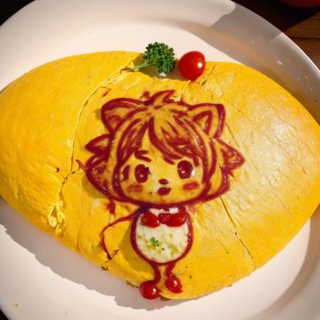 best quality, ultra detailed, an extremely delicate and beautiful,
hyper realistic,photorealistic,4k,depth,
Omelette,looks delicious,Fluffy,
<lora:omuart:1.2>omurice,plate,parsley,tomato,
upper body,red ketchup line art 1girl chibi,on stomach