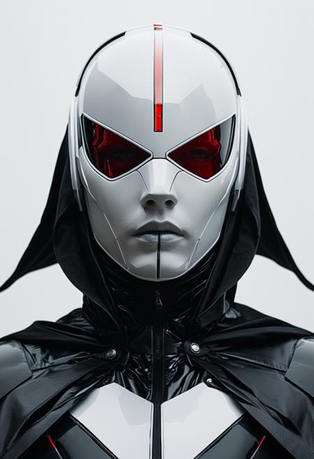 1girl, cinematic film still CYBER_CORE_UT sharp photo of a close-up of a futuristic-looking helmet with a unique design. The helmet is white with a black visor that covers the entire face. The visor has a red line running across it, creating a striking contrast against the white helmet. The front of the helmet is covered in a gray cape that is draped over the back of the person's body. The cape has multiple rows of black metal panels that are attached to the sides of the cape. The panels are arranged in a symmetrical pattern, with the top panel being the largest and the bottom panels being the smallest. The background is completely black, making the helmet and cape stand out. The overall mood of the image is dark and mysterious. shallow depth of field, vignette, highly detailed, high budget, bokeh, cinemascope, moody, epic, gorgeous, film grain, grainy <lora:FF.101.juggernautXL_version6Rundiffusion.LORA:0.75> <lora:Elegence_Niji:0.8> <lora:mot_wwm:0.6> <lora:MJ52:0.75> <lora:Cyberpunk__Anime_V2_light_version-SDXL:0.3>