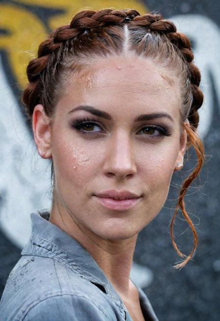 posing, fashion forward, professional, asphalt, graffiti, concrete wall, clouds, rain, sidelighting, dimples, close-up, auburn hair, braided updo, pale