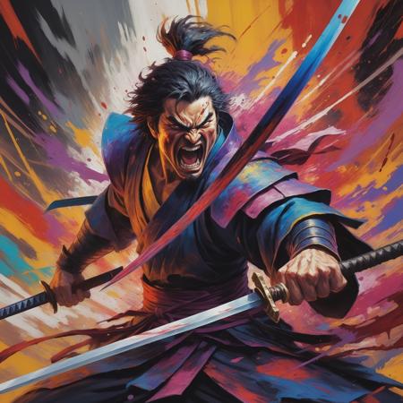(close up of left shoulder), vibrant colors, off-camera thrusted blade into viewer, chaos driven anime abstract art into corner frame, rush of blood paint over swordsman, screaming, diagonal thrust, tortured samurai