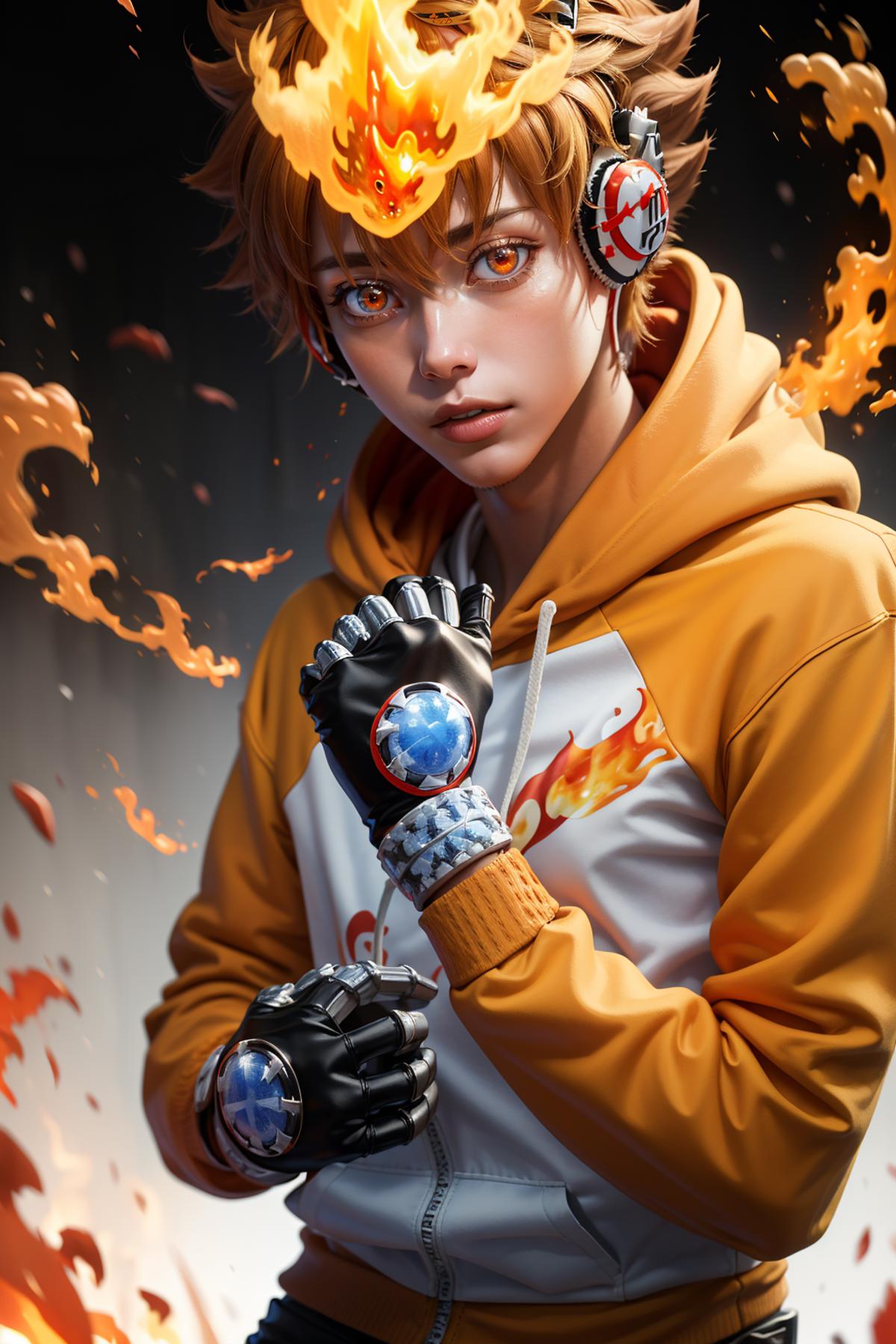 A computer-generated image of a person wearing a hoodie, with a red-haired head and yellow sweater, holding a glove with a blue and red circle on it.