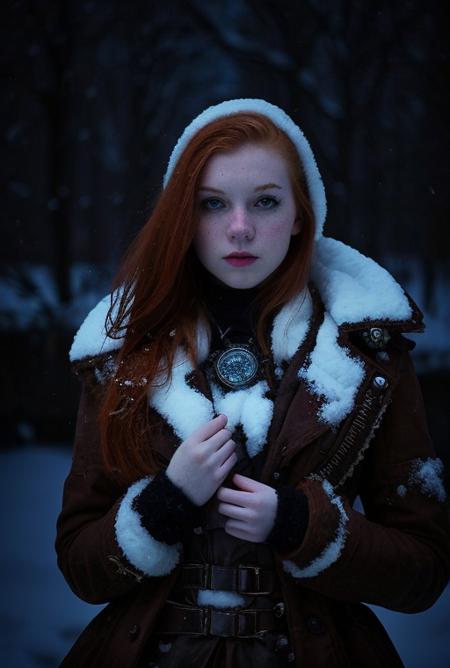 ginger, Artistic Portrait 18yo beautiful woman, perfect nose, perfect face, perfect, gorgerous, slim girl , Caucasian, white skin, white eyes,  snowstorm,  snow, wind, blizzard, light theme, steampunk outfit, black eyeliner, cinematic light, Night Photography, Light Beans, dramatic light, intricate details <lora:ginger_v03:0.6> <lora:steampunkengis_ss13_mech:1>