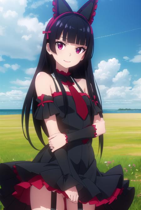 rorymercury, <lora:rory mercury s1s2-lora-nochekaiser:1>,
rory mercury, long hair, black hair, (red eyes:1.3), bangs, blunt bangs, hime cut, smile,
BREAK thighhighs, bow, ribbon, hair ribbon, garter straps, dress, black dress, puffy sleeves, frills, detached sleeves, necktie, red necktie, lipstick, purple lipstick,
BREAK outdoors, nature, forest, grass, sun, sky, clouds, grass,
BREAK looking at viewer, (cowboy shot:1.5),
BREAK <lyco:GoodHands-beta2:1>, (masterpiece:1.2), best quality, high resolution, unity 8k wallpaper, (illustration:0.8), (beautiful detailed eyes:1.6), extremely detailed face, perfect lighting, extremely detailed CG, (perfect hands, perfect anatomy),