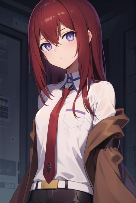 kurisumakise, <lora:kurisutest:1>,
kurisu makise, hair between eyes, hair over shoulder, long hair, (purple eyes:1.1), red hair, straight hair,
BREAK black pantyhose, black shorts, brown coat, coat, collared shirt, long sleeves, necktie, pantyhose, pantyhose under shorts, shirt, short shorts, shorts, sleeves past wrists, white shirt, wing collar,
BREAK looking at viewer,
BREAK indoors, lab,
BREAK <lora:GoodHands-vanilla:1>, (masterpiece:1.2), best quality, high resolution, unity 8k wallpaper, (illustration:0.8), (beautiful detailed eyes:1.6), extremely detailed face, perfect lighting, extremely detailed CG, (perfect hands, perfect anatomy),