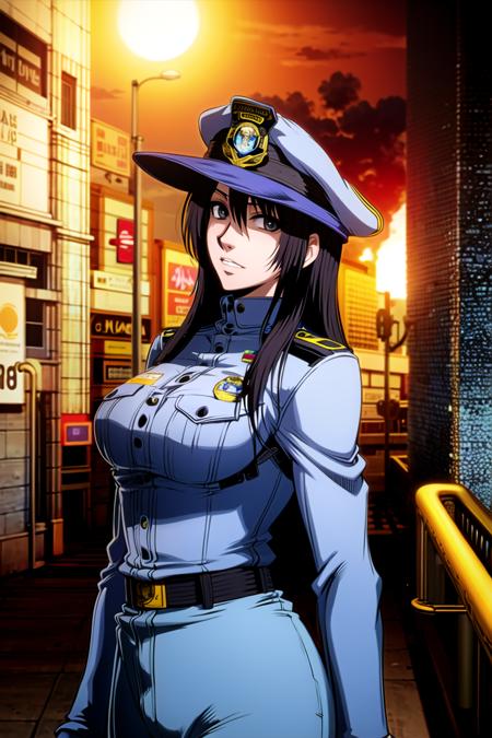 <lora:hellsing:0.8>, masterpiece, best quality, absurdres, 1girl, looking at viewer, upper body,black hair, parted bangs, long hair, police, police uniform, policewoman, police hat, night, city, street, standing, serious